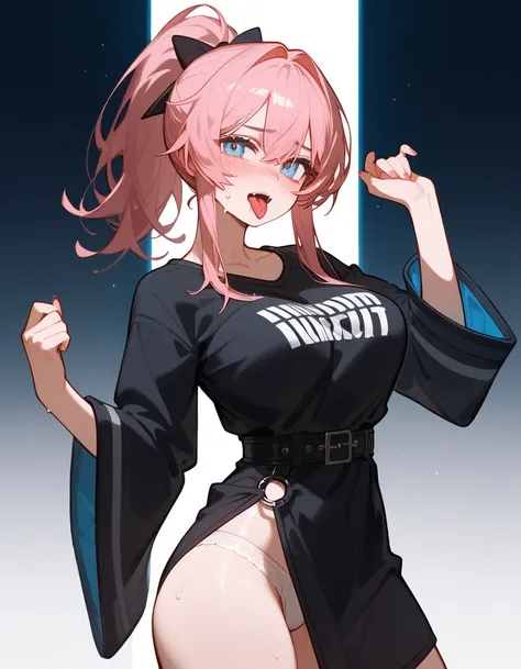 girl,sunburnt,  Light pink hair, In blue eyes,  small fangs  ,  dark circles under her eyes,  ponytail hairstyle , Killer T-shirts  ,  several belts  ,  medium chest  ,  Square sleeves  ,  big ass , whole body, look at me, Sweat on the body，  big breasts  ...