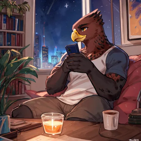 anthro ((hulking chunky falcon:1.4)), falcon, (using phone:1.6), muscular, broad shoulders, chilling day, sitting at the coffee table, drinking coffee while looking out to the window, white T-shirts, shorts, rainy sky outside the window, tall building, sun...