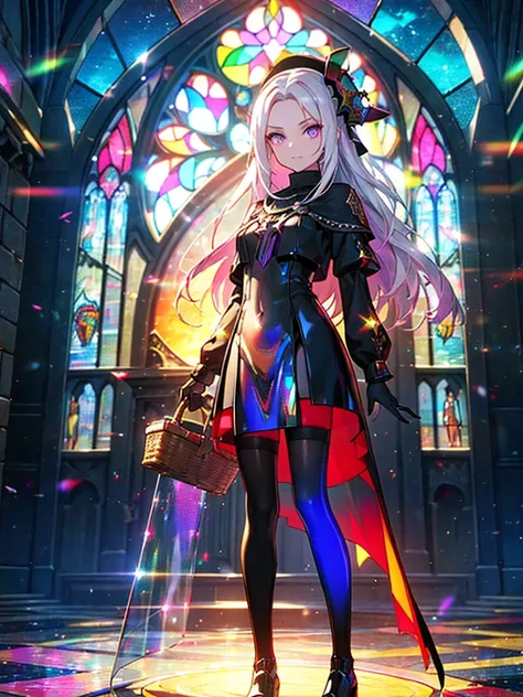 The background is a sunset sunset 、 medieval cityscape with basket、Inside the kaleidoscope、 Stained Glass Background 、Legendary Scenery 、 Mythical Scenery Unfolds、The cathedral shines brightly、red and green contrast 、Path of Light、 Edelgard in black armor,...