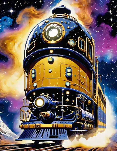 ((Galaxy Express 999)), depicting the Galaxy Express 999 traveling through space. ((Retro-futuristic steam locomotive)),
The background is a vast space with nebulae, stars, galaxies and star-studded. space travel. Fantastic and cosmic background. 
(Maetels...