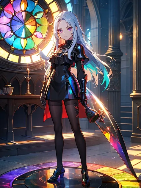 The background is a sunset sunset 、 medieval cityscape with basket、Inside the kaleidoscope、 Stained Glass Background 、Legendary Scenery 、 Mythical Scenery Unfolds、The cathedral shines brightly、red and green contrast 、Path of Light、 Edelgard in black armor,...