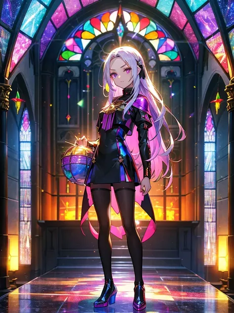 The background is a sunset sunset 、 medieval cityscape with basket、Inside the kaleidoscope、 Stained Glass Background 、Legendary Scenery 、 Mythical Scenery Unfolds、The cathedral shines brightly、red and green contrast 、Path of Light、 Edelgard in black armor,...