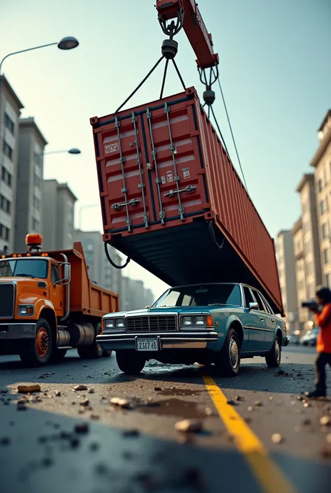 (photorealism:1.2), accident a pulley truck trying to rescue a Camry from underneath a container on a busy road 