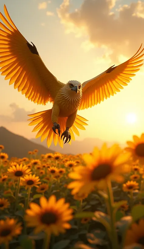 A sunflower-eagle hybrid with petals like feathers and razor-sharp talons flying above a glowing field at sunset."