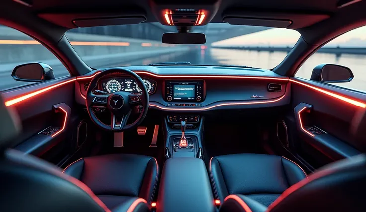 "A futuristic interior of a Plymouth Barracuda car, featuring an ultra-modern and sleek dashboard design with integrated LED lighting across the entire dashboard. The seats are designed with luxurious materials, featuring ergonomic contours and futuristic ...