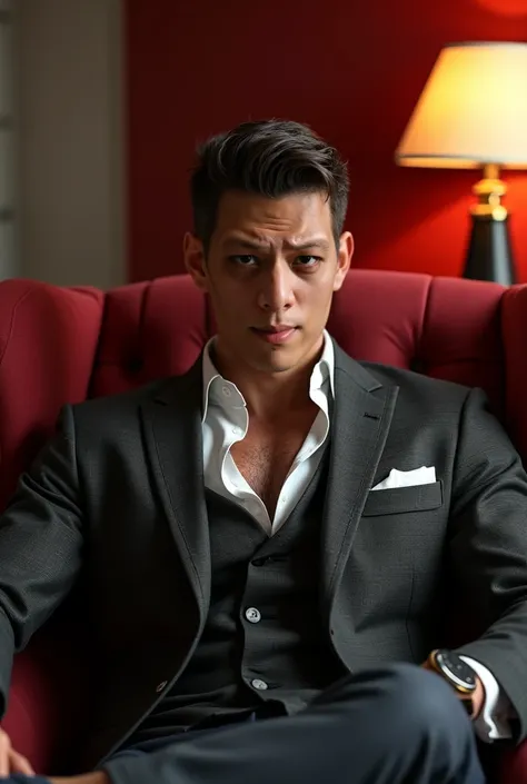 Manly and Majestic muscular man, rugged and rough allure, exquisitely detailed soulful eyes, a man sitting on a red chair in a room with a lamp, simple sharkskin suit, minimalist suit, mid shot portrait, modern three piece suit,patterned three piece suit, ...