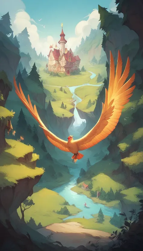 A bird with radiant golden feathers flying high above Eldenwood. The valley below is bathed in moonlight, with the forest, rivers, and village glowing softly in the magical night.