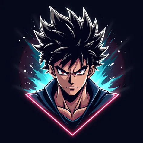 Design a dynamic gaming logo featuring a male character with anime-style features. The character has wild, spiky hair that is dramatically spread across his head, conveying movement and energy. His expression is intense, with sharp, focused eyes. The chara...