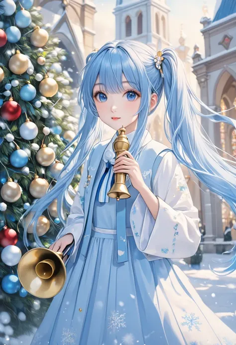  light blue long hair playing a handbell、 Beautiful Girl with Twin Tails 、Very beautiful 、 holding handbells in their hands、christmas tree background、Church Scenery