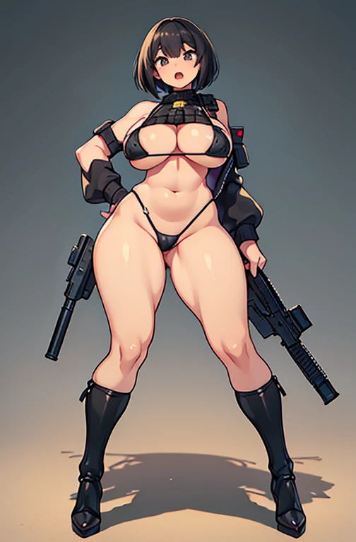 Exited, scream, Open mouth, young girl, Pullover, whole body to see, (( very wide hips)), (((colossal Thighs, gigantic thighs, very huge thighs, very big thighs))), fullbody, very Big breast, , firm breast, Bob cut hair, military camouflage, soldier girl, ...