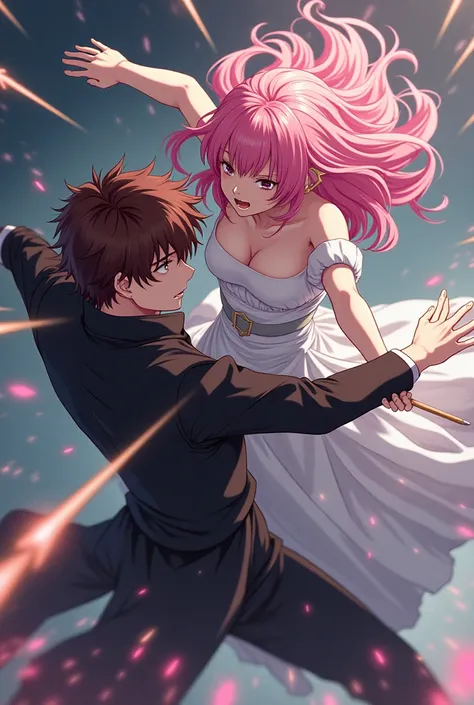 Brown-haired man defending a pink-haired woman from an anime-style arrow attack 