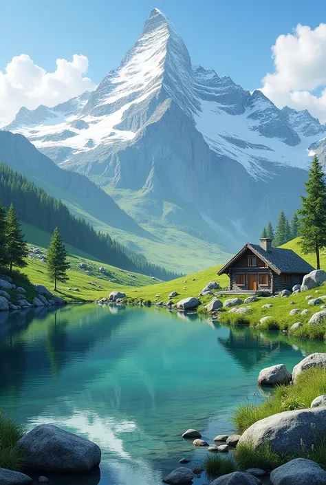 Snow peak mountain and a green transparent lake and alpine trees and green fields , rocks and stone cabin