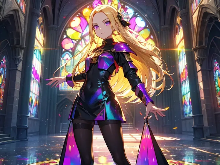 The background is a sunset sunset 、 medieval cityscape with basket、Inside the kaleidoscope、 Stained Glass Background 、Legendary Scenery 、 Mythical Scenery Unfolds、The cathedral shines brightly、red and green contrast 、Path of Light、 Edelgard in black armor,...