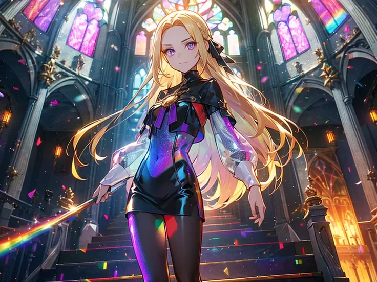 The background is a sunset sunset 、 medieval cityscape with basket、Inside the kaleidoscope、 Stained Glass Background 、Legendary Scenery 、 Mythical Scenery Unfolds、The cathedral shines brightly、red and green contrast 、Path of Light、 Edelgard in black armor,...