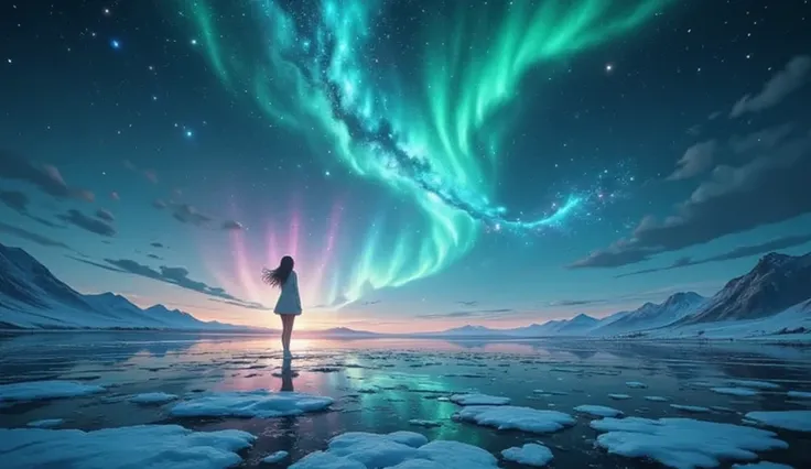  the vast earth spreading out in the night sky Artistic depiction of auroras fluttering over, Glacier.  The auroras are gracefully shaped , Feminine legs,  wrapped in a sparkling green ribbon , pink, And the blue light .  The legs seem to curve gracefully ...