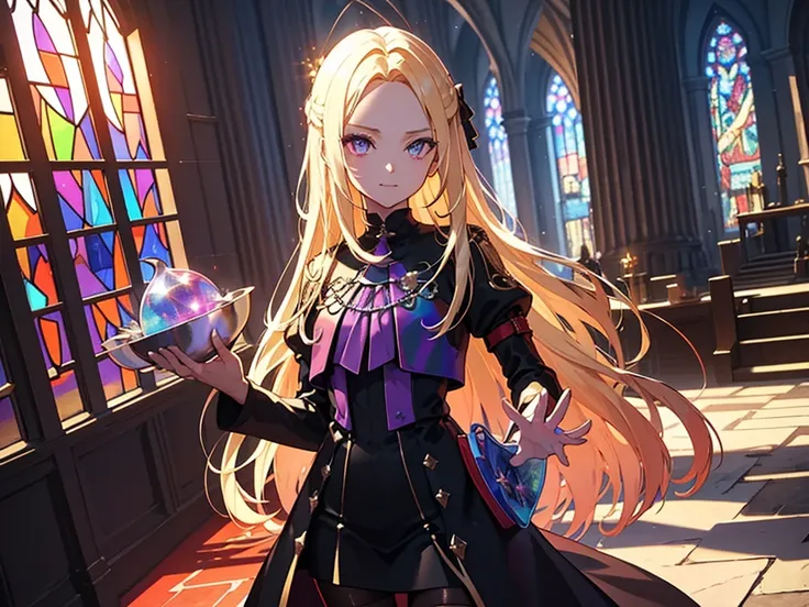 The background is a sunset sunset 、 medieval cityscape with basket、Inside the kaleidoscope、 Stained Glass Background 、Legendary Scenery 、 Mythical Scenery Unfolds、The cathedral shines brightly、red and green contrast 、Path of Light、 Edelgard in black armor,...