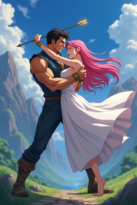 Brown-haired man defending a beautiful pink-haired woman from an anime-style arrow attack 