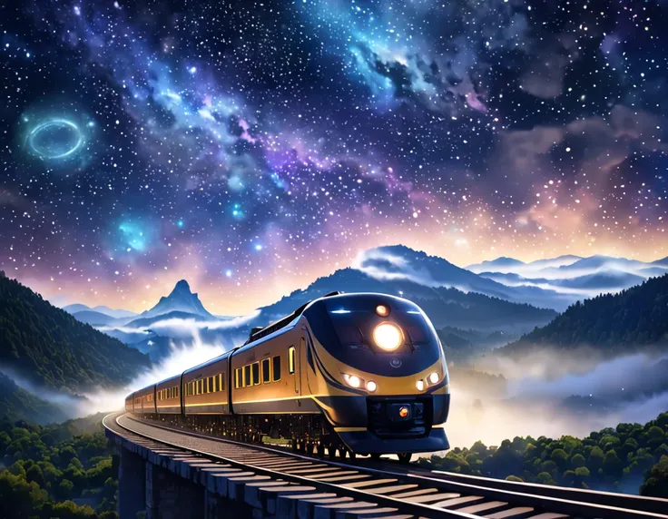 ((train)), (  Otherworldly Portals)、Shine, Fantastic Scenery , Bright starry sky,Time leap, Time flowing, Mysterious fog , Pale Light,  spatial distortion , 