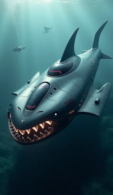 A futuristic underwater vehicle inspired by a shark, with a streamlined body, dorsal fin for stability, and sharp "teeth" grilles at the front.