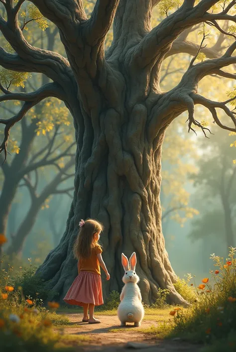 A cute, beautiful  white girl. The girl and the rabbit are walking in the forest. The girl and the rabbit are standing in front of a large, but withered and sad-looking tree. The branches of other trees around have deprived the tree of sunlight.
Create ill...