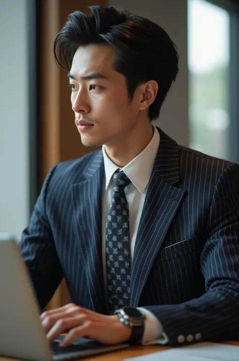 Handsome new employee，30 year old Japanese male, businessman clothing,Wearing a very high-end striped suit, The scene is in the office, He is sitting in front of his laptop, (CG Unity 8K HD Photo), (Photo-realistic), ((best quality)), Very detailed, (maste...