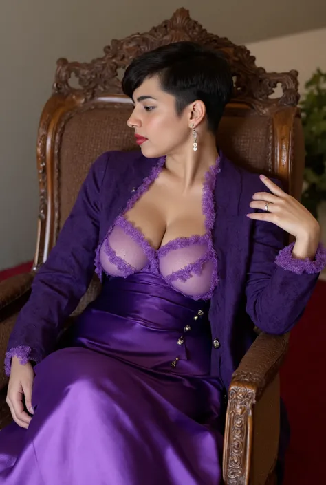 A Korean man in ladies vintage suit dress, big breast like a woman, slender female body, His hairstyle is short and manly, purple, Rich lace and frills, long sleeves, mermaid skirt, see-through, silk, sit quietly