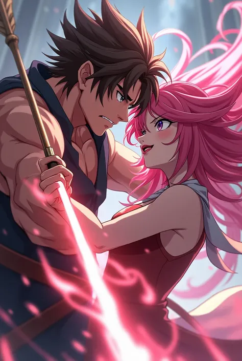 Brown-haired man standing between a beautiful pink-haired woman from an anime-style arrow attack 