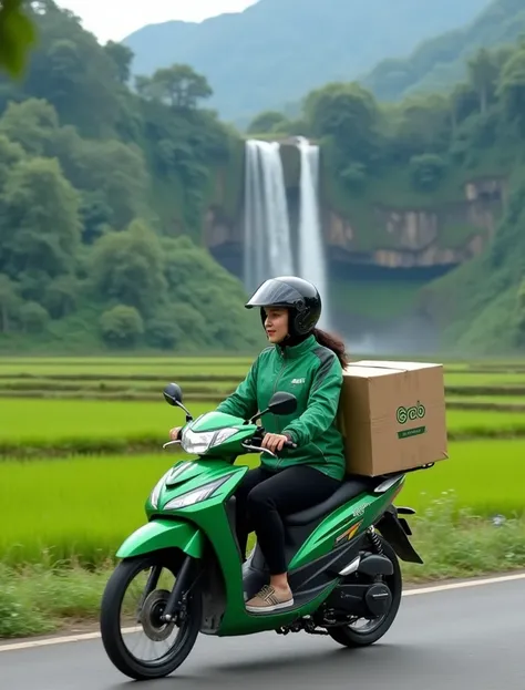  Hyper realistic photography of a beautiful Indonesian woman driving an ojek online,  wearing a green jacket and helmet with black stripes ,  and on the jacket there is writing on the right  "grab" ,  white writing . driving a white Honda beat motorcycle o...