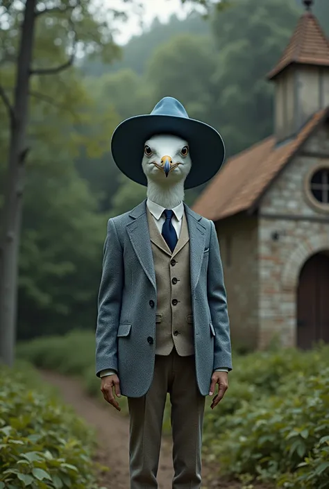 Mouette avec le corps dun homme, en costume 3 pieces, un chapeau de fermier bleu , devant une chapelle au bord de la forêt 