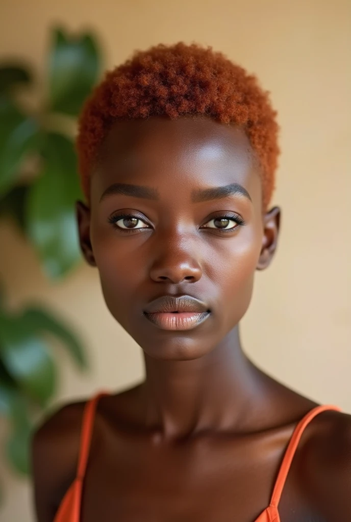 A photo of a real African woman with a choppy copper pixie cut. She has a round face and is wearing makeup. The background is blurred and contains a beige wall and a plant.