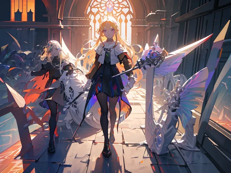 The background is a sunset sunset 、 medieval cityscape with basket、Inside the kaleidoscope、 Stained Glass Background 、Legendary Scenery 、 Mythical Scenery Unfolds、The cathedral shines brightly、red and green contrast 、Path of Light、 Edelgard in black armor,...