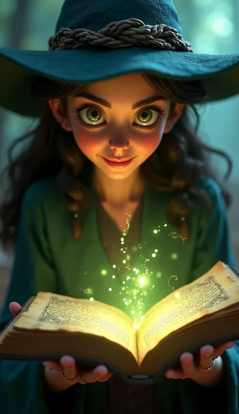 Zoom on a Witch, of bright eyes,  looking at an old book while a magical herb shines in her hands. Disney Pixar style