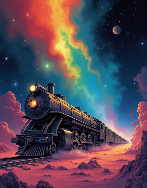 A future train emerges from a nebula. Jean-Claude Mézières art, Time-Traveling Train, "The Mystery of the Abyss",  "Lone Sloane", Valerian and Laureline in the World of hallucinations. highly detailed, intricate mechanisms, surreal and fantasy galactic lan...