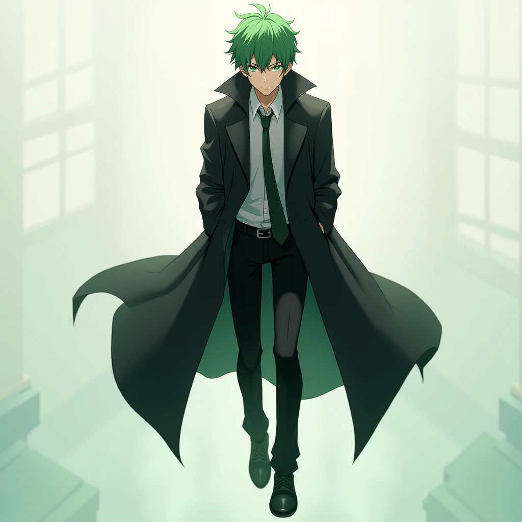  A male character,  anime style , With round green hair,  green eyes ,  black overcoat ,  serious facial expression , Levitating