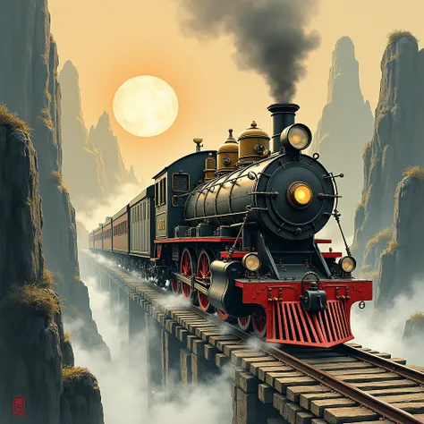 Traditional Chinese mountain ink painting style，a steampunk train traveling through a fractured timeline, intricate gears, steam vents, brass accents, glowing portal, time-distorted landscapes, 