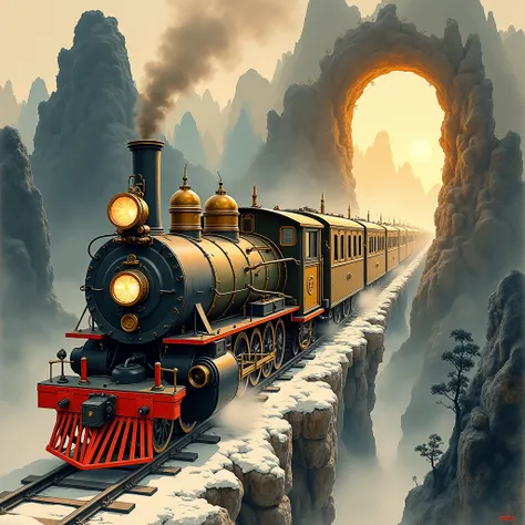 Traditional Chinese mountain ink painting style，a steampunk train traveling through a fractured timeline, intricate gears, steam vents, brass accents, glowing portal, time-distorted landscapes, 