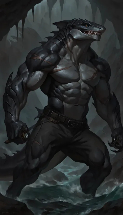 sharkfolk, anthro shark, solo, portrait, scaly, detailed skin, experienced predator, monster, grin, gray body, black arms and back, matte body, toned, muscular anthro, big muscles, scars on body, 1male solo, anthro, muscular, thick neck, thick tail, strong...