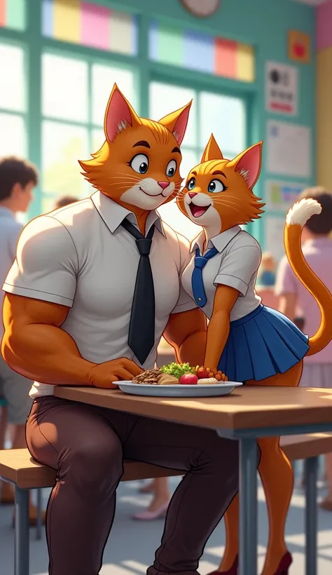 "Anthropomorphic dog and cat couple in a lively school cafeteria. The mascular bodybuilder cat, wearing a white shirt, black tie, and brown trousers, sits on a bench with a tray of food in front of him. The cat, dressed in a short blue skirt, white blouse,...