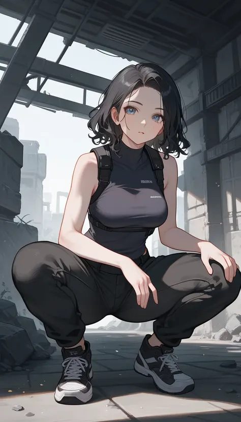 (((squats))), spread legs, boards, full body, thighs, wide hips, score_9, score_8_up, score_7_up, (solo), 1girl, blue eyes, wavy hair, forehead, bob hair, black hair, (((hands))), high neck sleeveless top, fingers, medium breast, sneakers, ((sexy pose)), (...