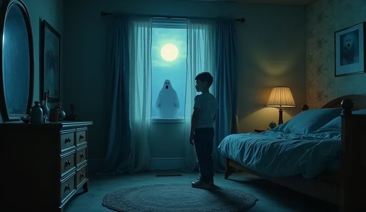 "An image of the boy standing in his spacious bedroom, gazing around as the atmosphere shifts from comforting to ominous. The moonlight through the window now casts eerie, unnatural shadows that seem to move on their own. The walls, once warm and inviting,...