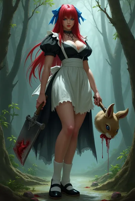 Create final fantasy style a beautiful woman with a penetrating look with long straight red hair with blue eyes with a blue ribbon in her hair with a round butt perky with thick legs with big hard tits wearing a light black thigh-length short dress wearing...