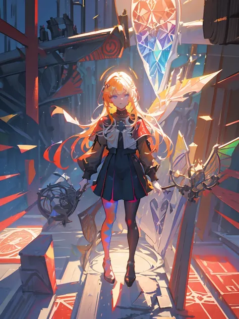 The background is a sunset sunset 、 medieval cityscape with basket、Inside the kaleidoscope、 Stained Glass Background 、Legendary Scenery 、 Mythical Scenery Unfolds、The cathedral shines brightly、red and green contrast 、Path of Light、 Edelgard in black armor,...