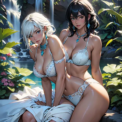 "(La mejor calidad, HDR:1.2), lovely illustration, Fubuki, Cabello corto que fluye, Neck jewelry, perlas, hermosa figura, curvaceous figure, beautiful lingerie"