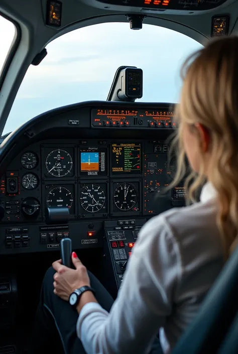 Airplane dashboard with many instruments, view of the airplane from the window, jigsaw puzzle, fighter jet cockpit, fighter pilot in the cockpit, cockpit view, back view of blonde female pilot, control stick with red buttons A hand with fancy nail polish i...