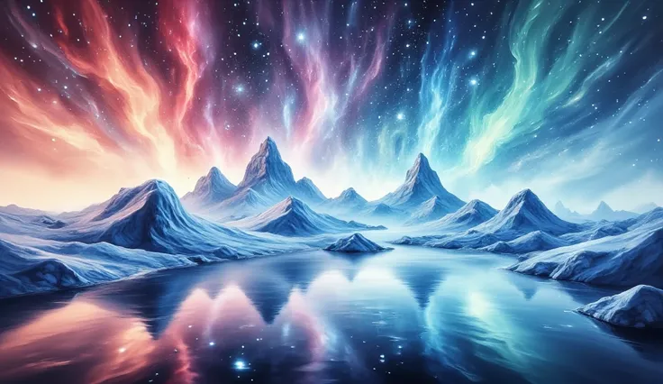 (masterpiece:1.2, High Quality ,Mirror finish,  Cinematic Experience),8k,16k, wallpaper,( Best Illustrations),(Northern lights flowing over glaciers :2.0),(Watercolor painting of auroras observed at Jökulsárlón glacier lake:2.0),(Iceland),(Spectacular land...