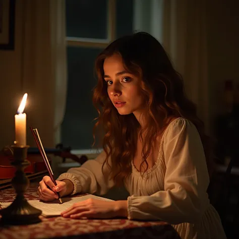 Brunette wavy haired girl with full lips draws by candlelight in a vintage house with a violin next to her