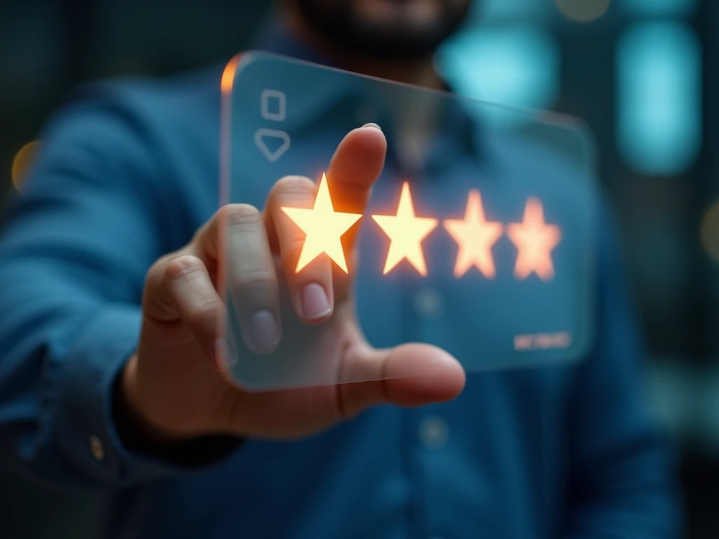 In this image, a hand is pressing a 5-star rating on a digital, transparent customer review interface. The focus is on the glowing first star, representing a perfect review. The background is slightly blurred, keeping the viewers attention on the rating in...