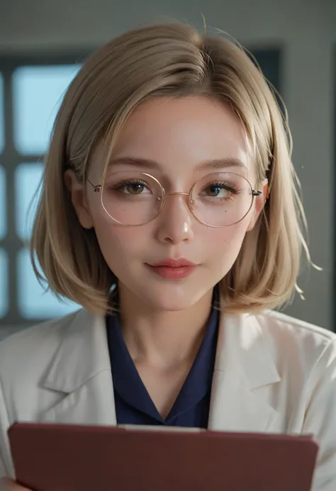 A portrait of a young female scientist from the UK, Clarisse Evans, focusing on her upper body. She has wavy blonde bob-cut hair, framing her face with an intelligent yet approachable look. She wears round glasses, with a sharp but slightly clumsy expressi...