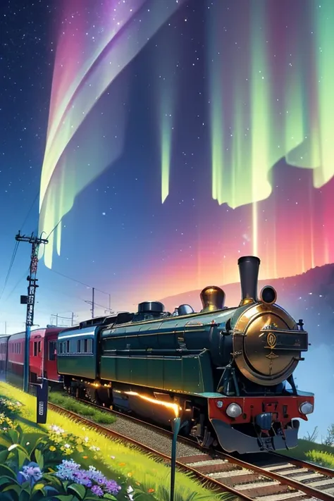 The train is on the time machine ,Time Machine,Steam locomotive,A train that flies in the sky, shines brightly, Aurora,Milky Way,milky way