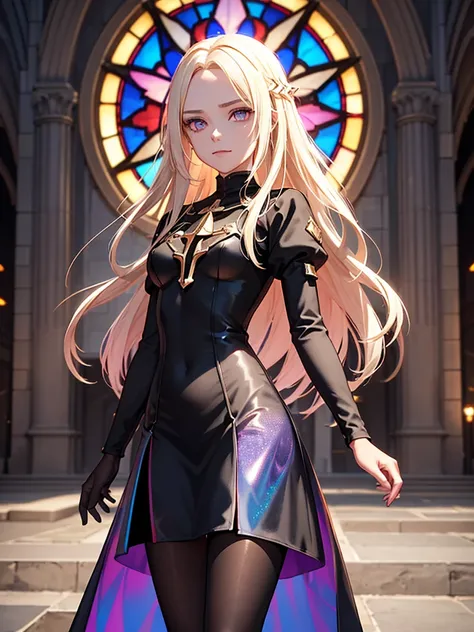 The background is a sunset sunset 、 medieval cityscape with basket、Inside the kaleidoscope、 Stained Glass Background 、Legendary Scenery 、 Mythical Scenery Unfolds、The cathedral shines brightly、red and green contrast 、Path of Light、 Edelgard in black armor,...